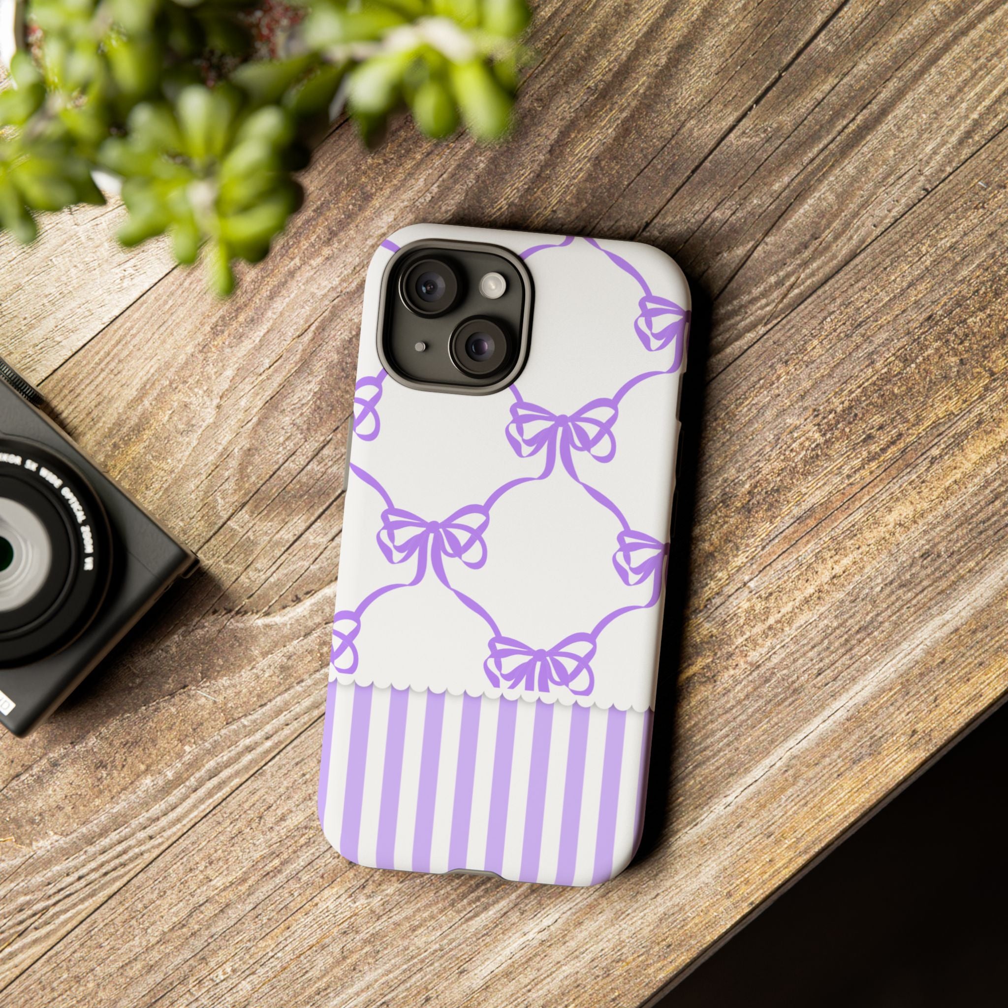 Lavender Bow Pattern Tough Phone Case - Striped Cute iPhone Cover