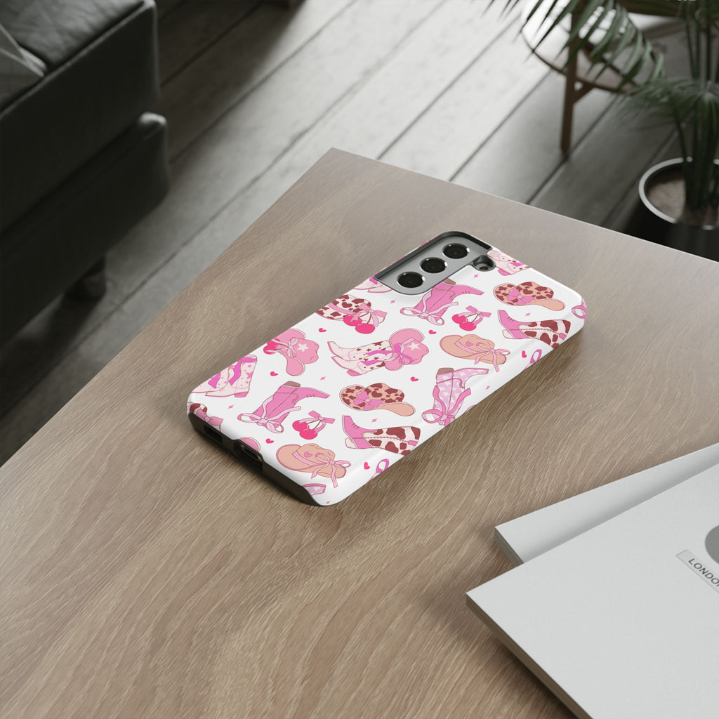 Pink Cowgirl Phone Case - Cute Western Boots & Hats Pattern Tough Case