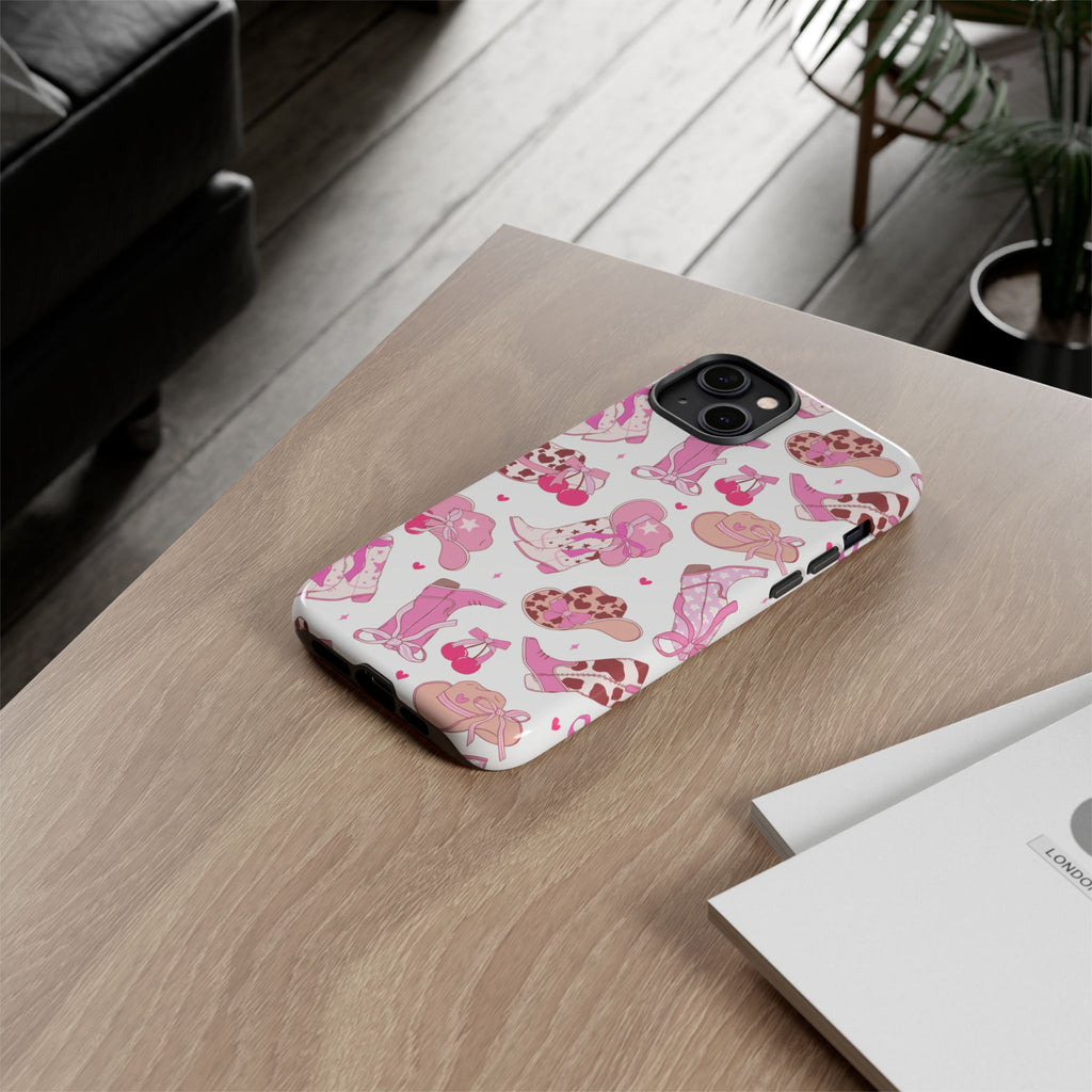 Pink Cowgirl Phone Case - Cute Western Boots & Hats Pattern Tough Case