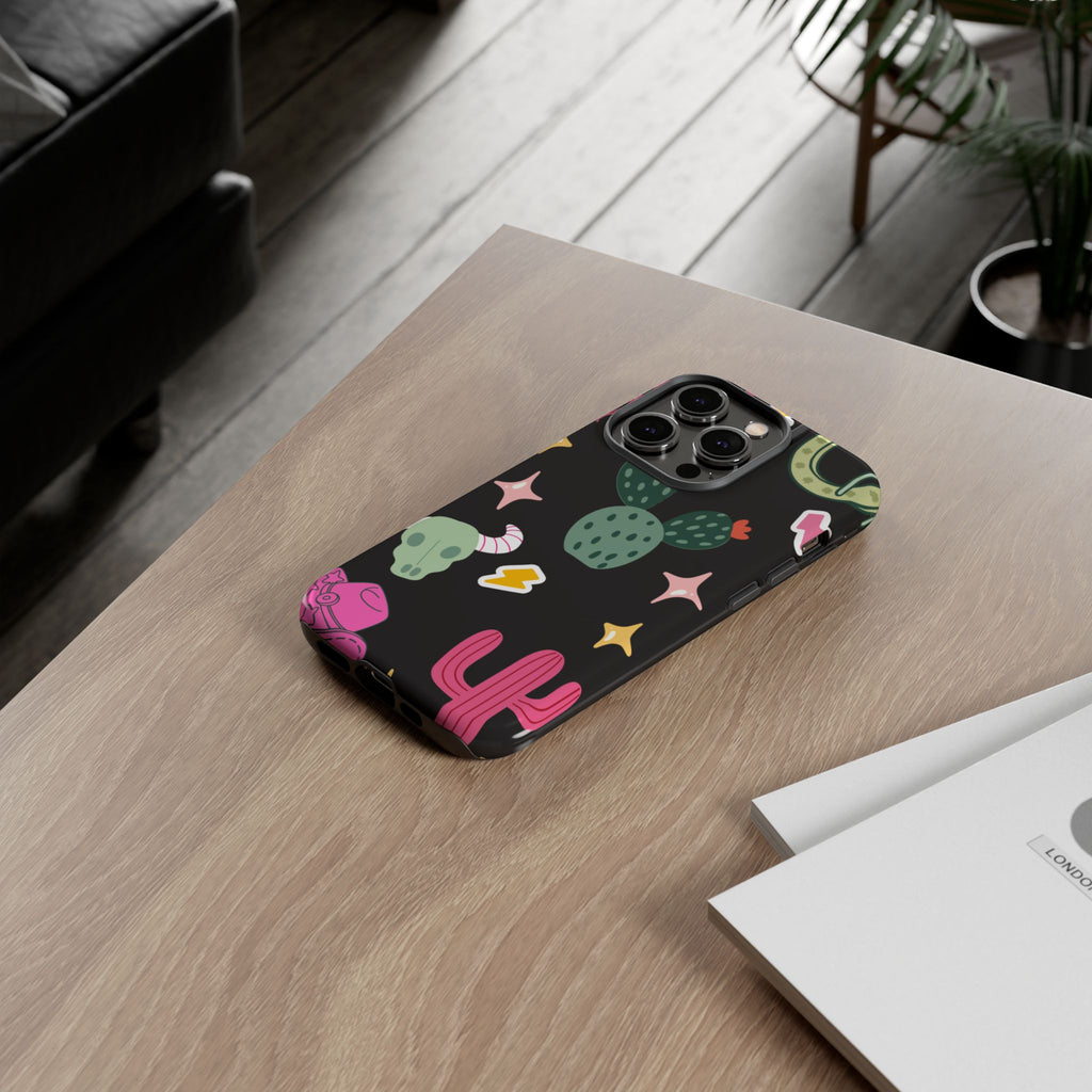 Southwest Desert Icons Tough Phone Case — Cactus, Cowboy & Skull Pattern