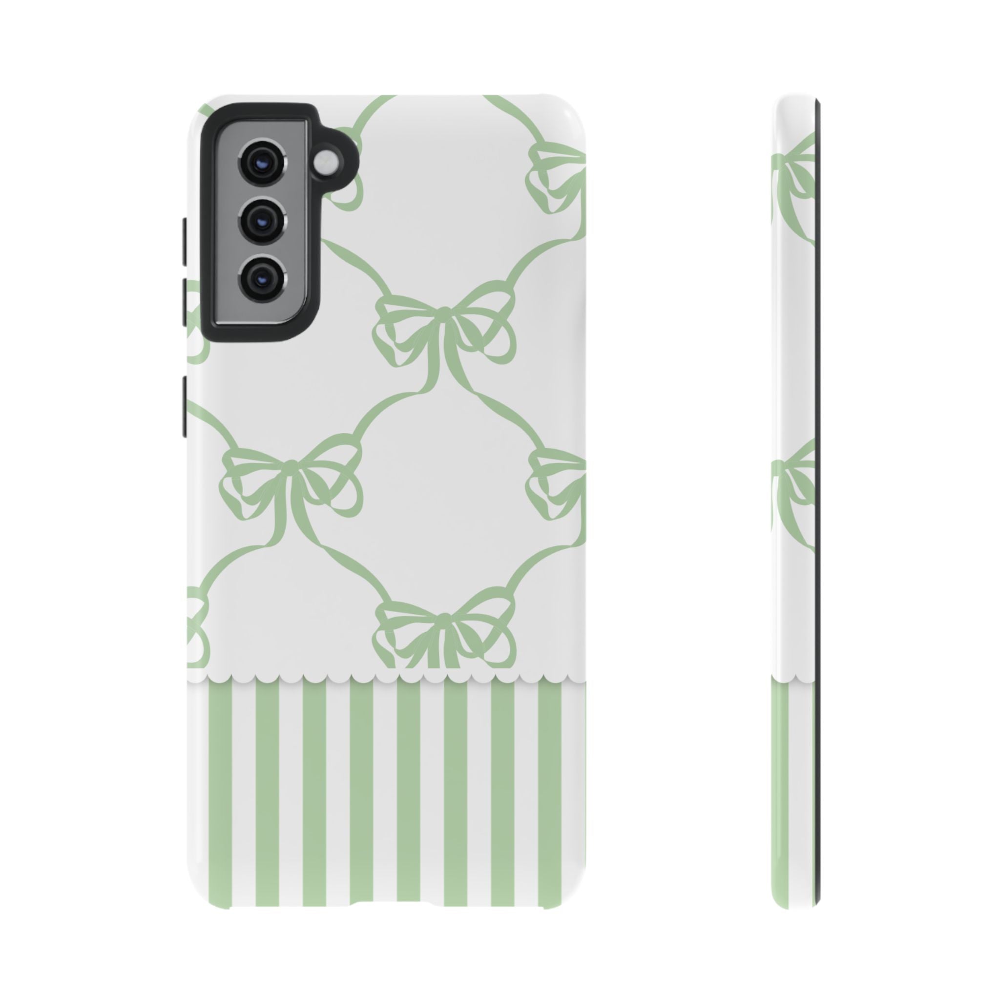 Bow Pattern Tough Phone Case — Pastel Green Stripes & Ribbon Design
