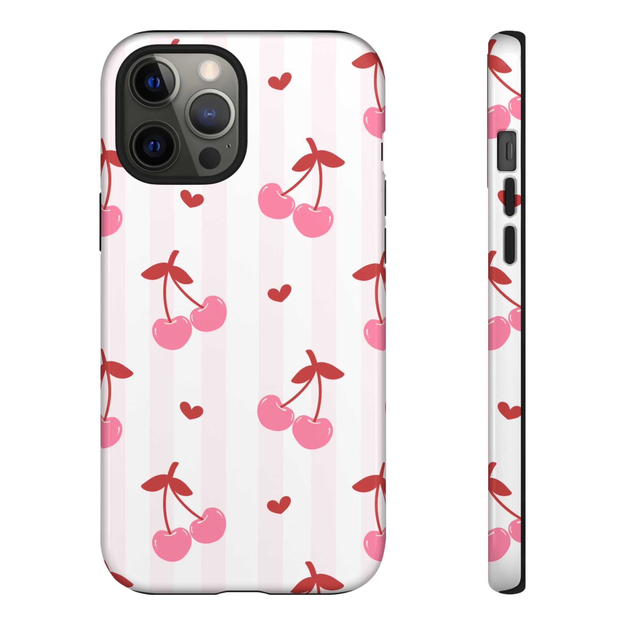 Pink Cherry Pattern Tough Phone Case — Cute Retro Fruit Design
