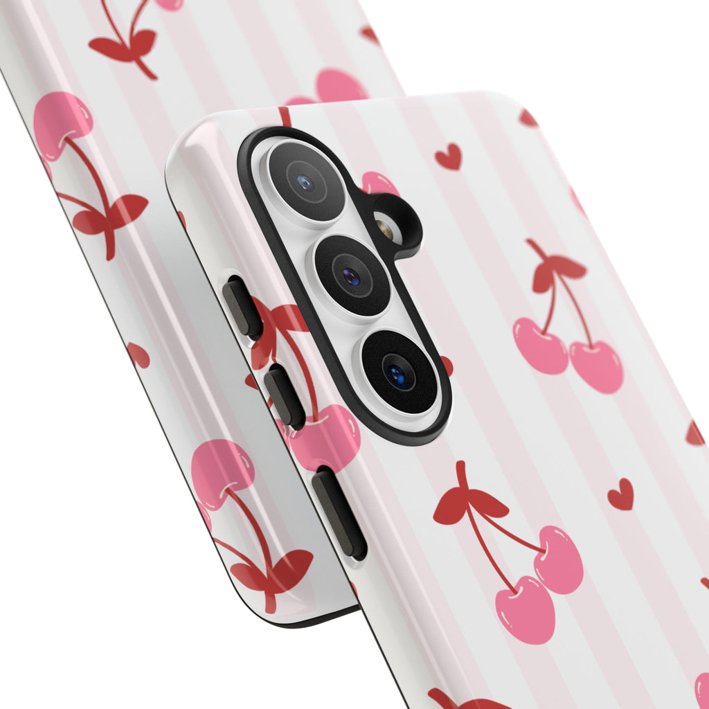 Pink Cherry Pattern Tough Phone Case — Cute Retro Fruit Design