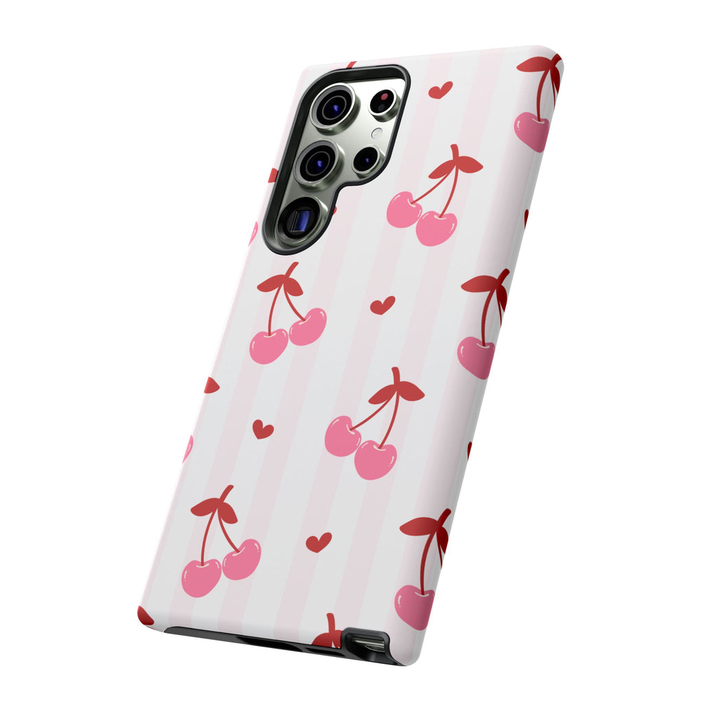 Pink Cherry Pattern Tough Phone Case — Cute Retro Fruit Design