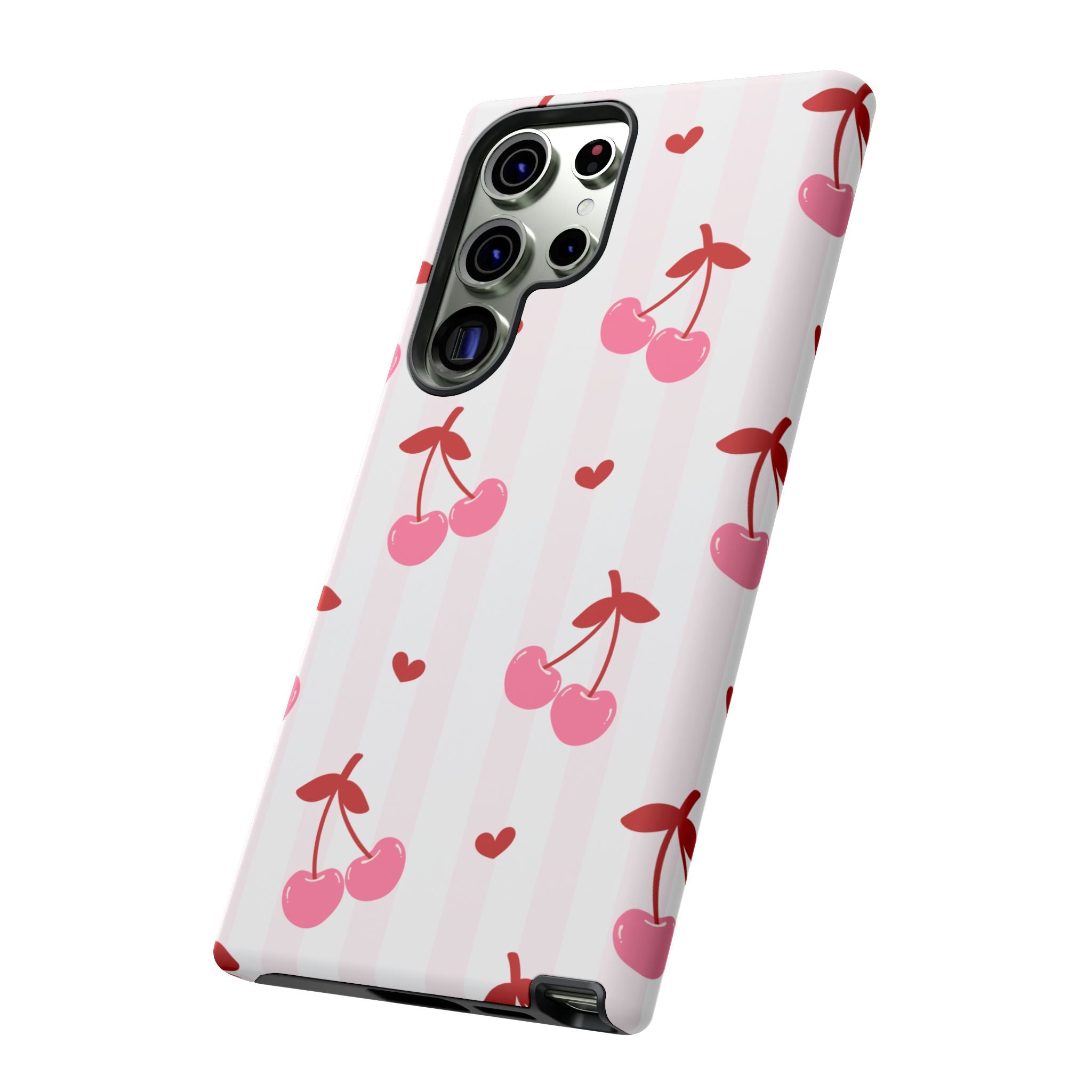 Pink Cherry Pattern Tough Phone Case — Cute Retro Fruit Design