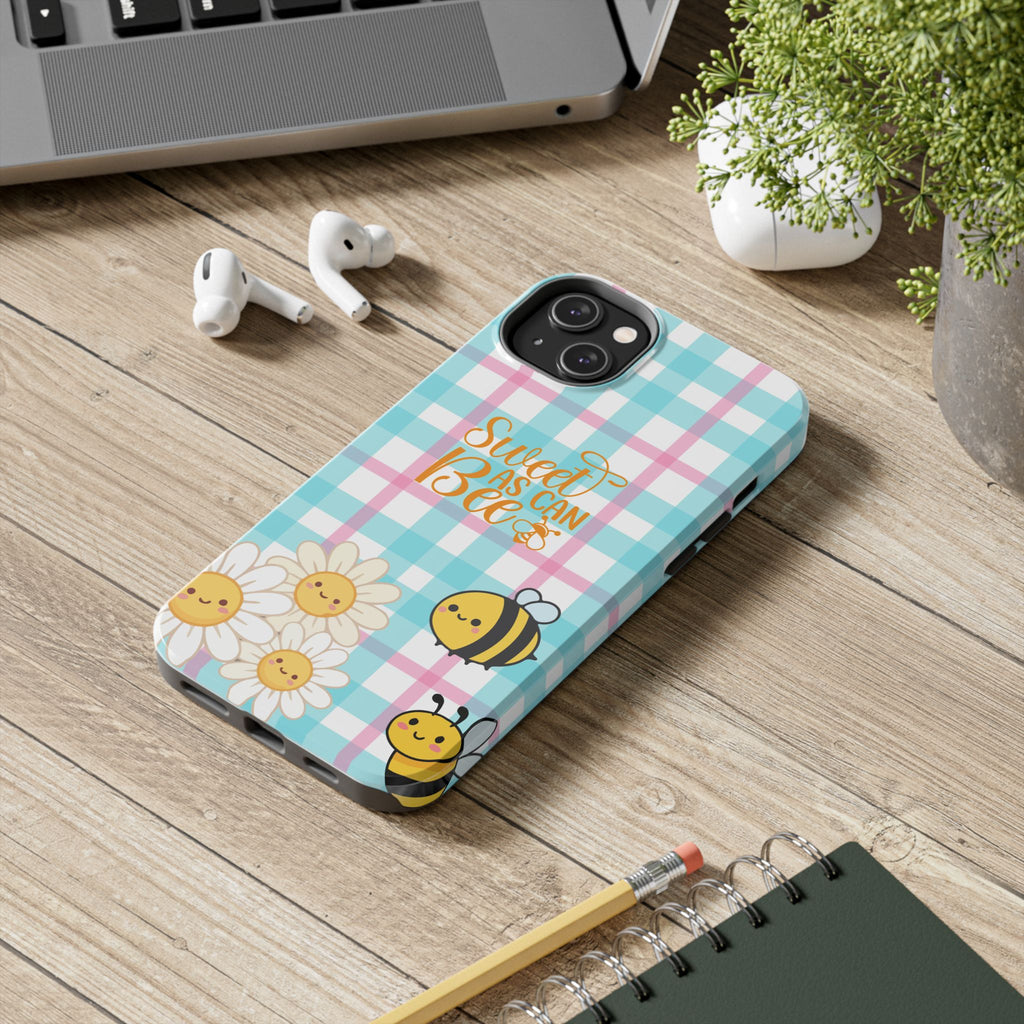 Sweet As Can Bee Tough Phone Case — Cute Bee & Daisy Plaid Protective Cover