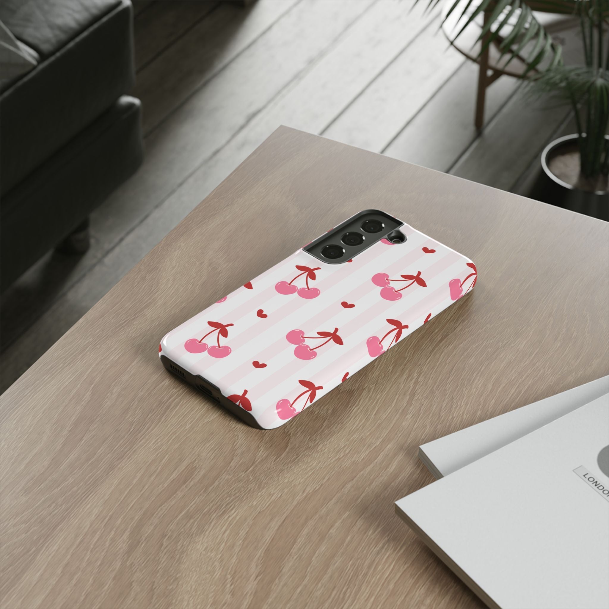 Pink Cherry Pattern Tough Phone Case — Cute Retro Fruit Design