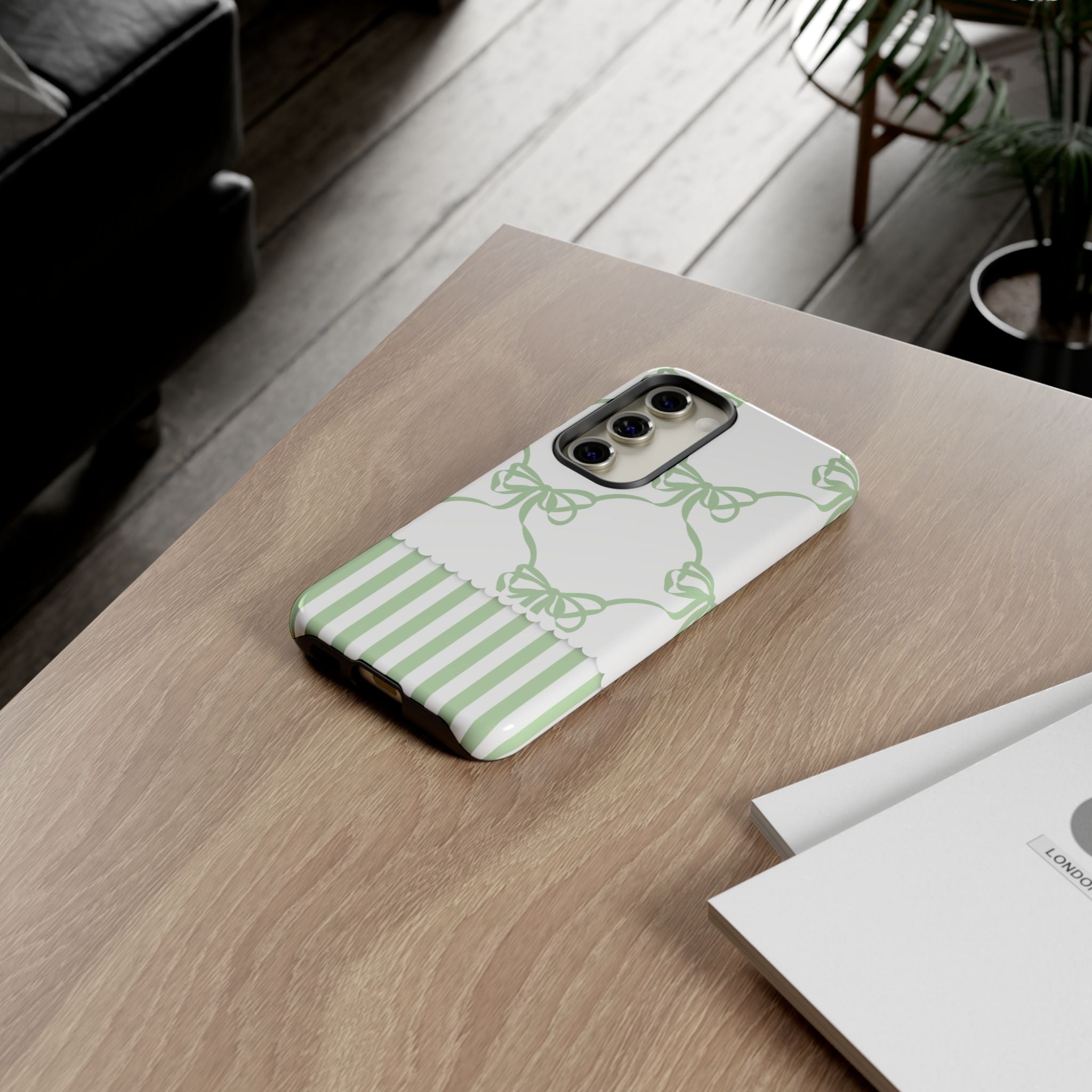 Bow Pattern Tough Phone Case — Pastel Green Stripes & Ribbon Design