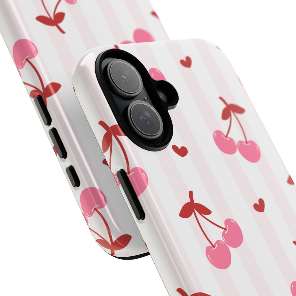 Pink Cherry Pattern Tough Phone Case — Cute Retro Fruit Design