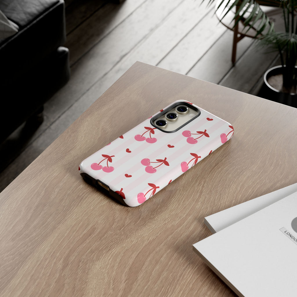 Pink Cherry Pattern Tough Phone Case — Cute Retro Fruit Design