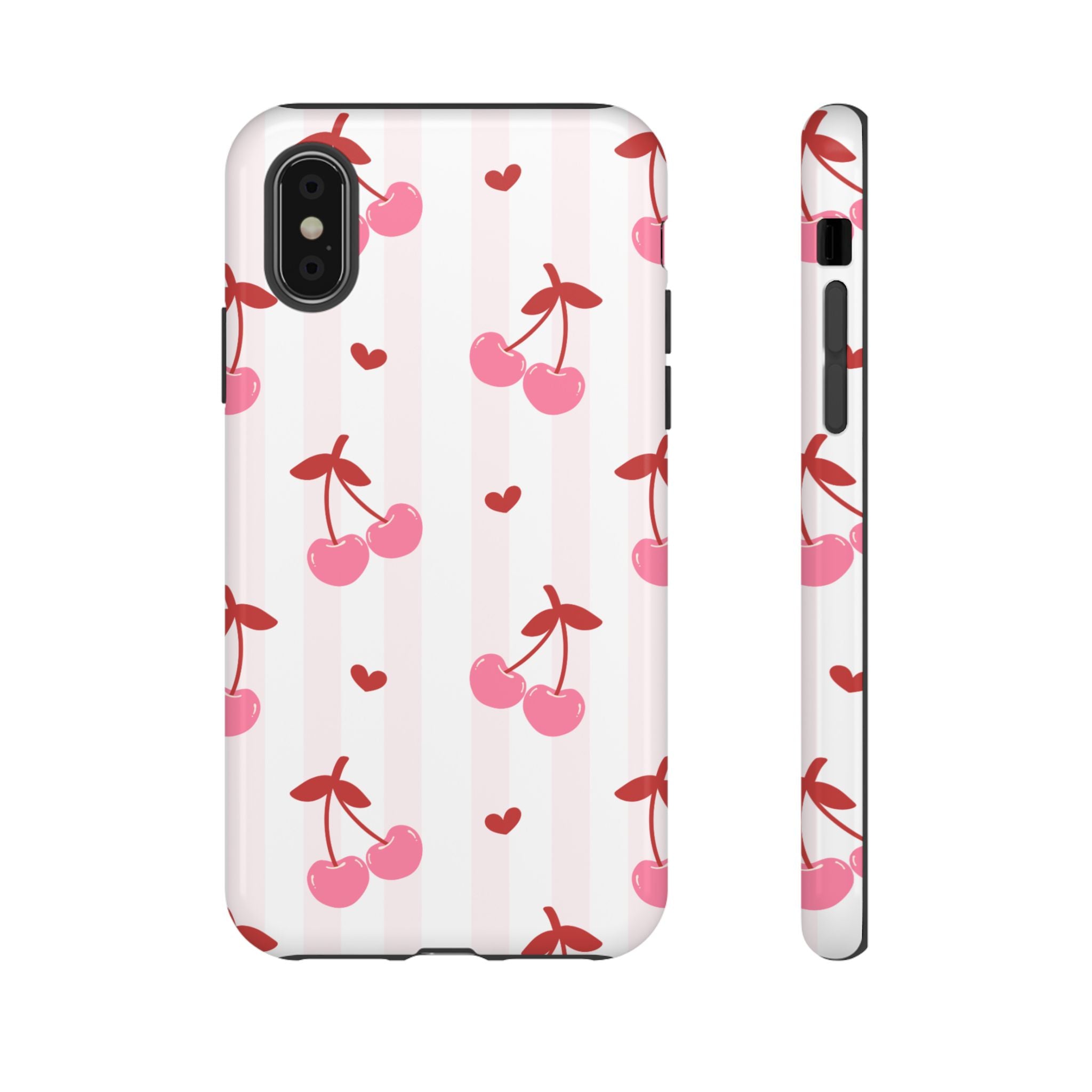 Pink Cherry Pattern Tough Phone Case — Cute Retro Fruit Design