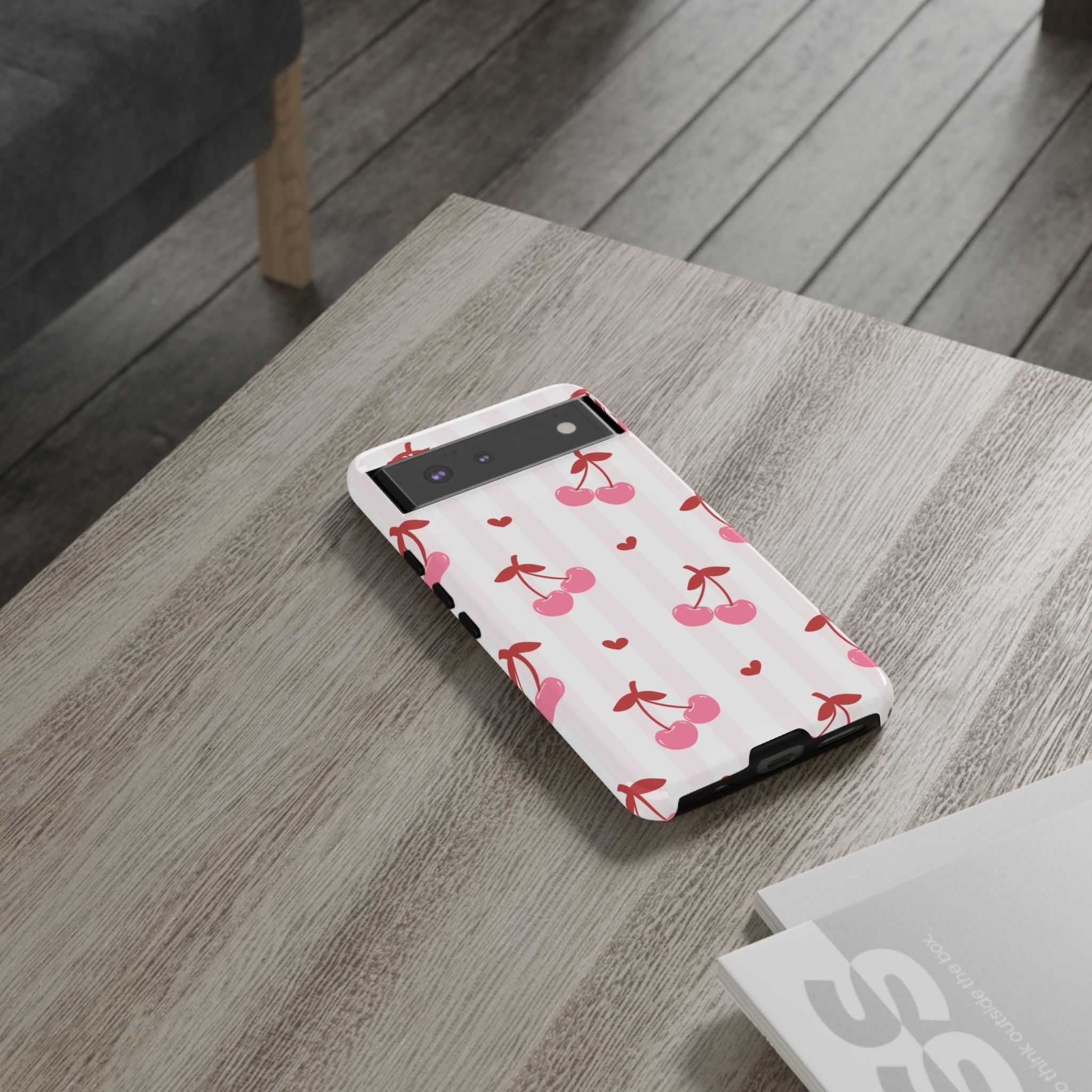Pink Cherry Pattern Tough Phone Case — Cute Retro Fruit Design