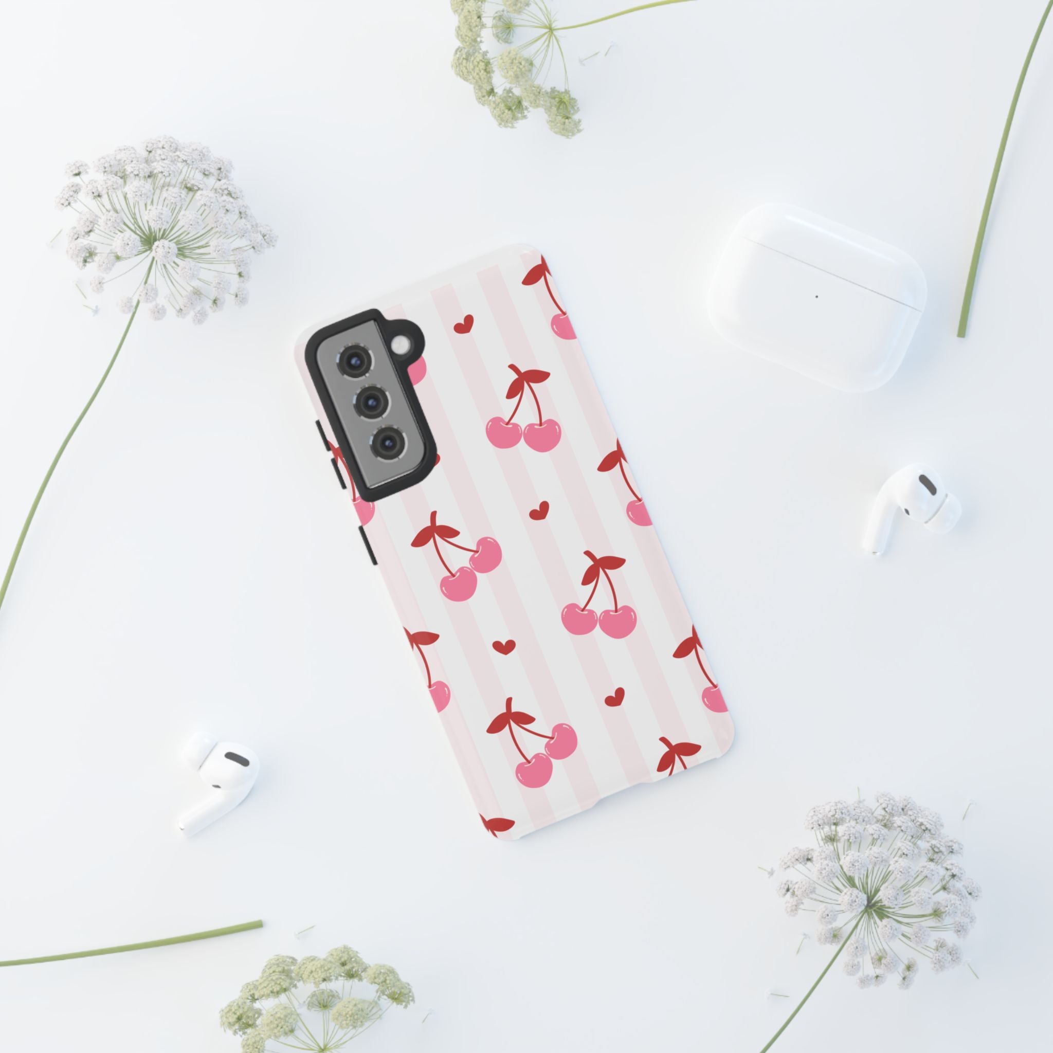 Pink Cherry Pattern Tough Phone Case — Cute Retro Fruit Design
