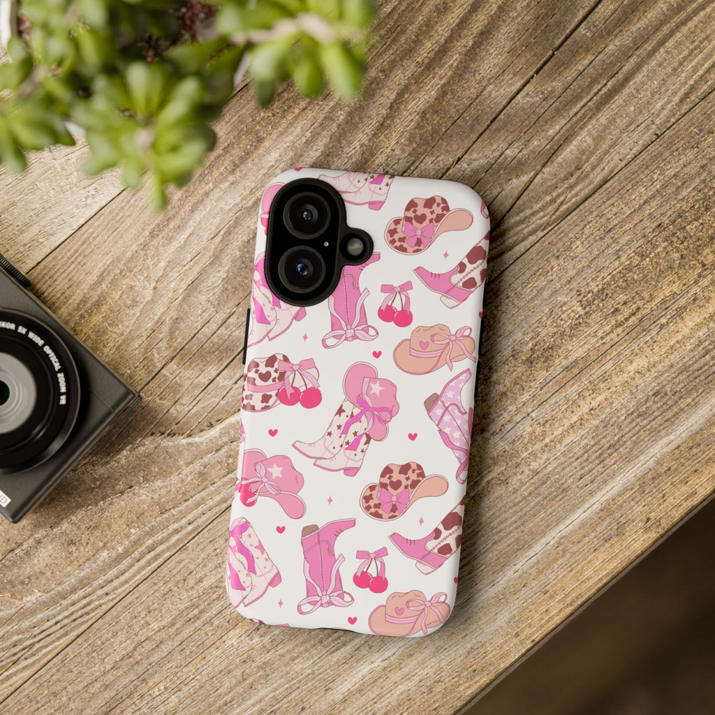 Pink Cowgirl Phone Case - Cute Western Boots & Hats Pattern Tough Case