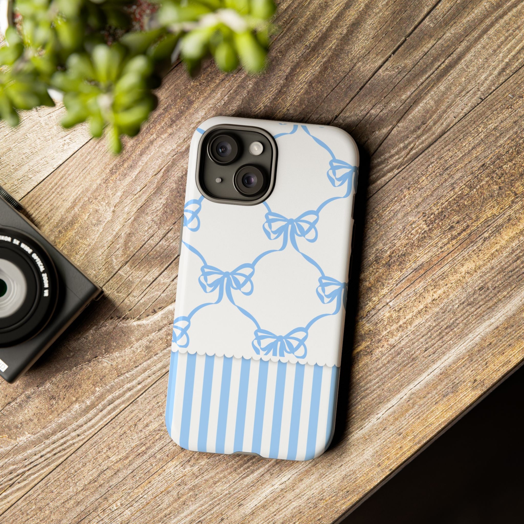 Blue Bow Stripes Phone Case — Cute Pastel Protective Tough Case