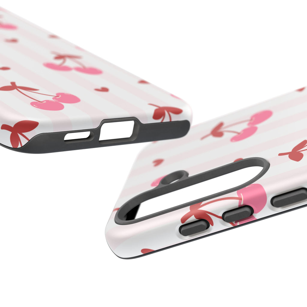 Pink Cherry Pattern Tough Phone Case — Cute Retro Fruit Design
