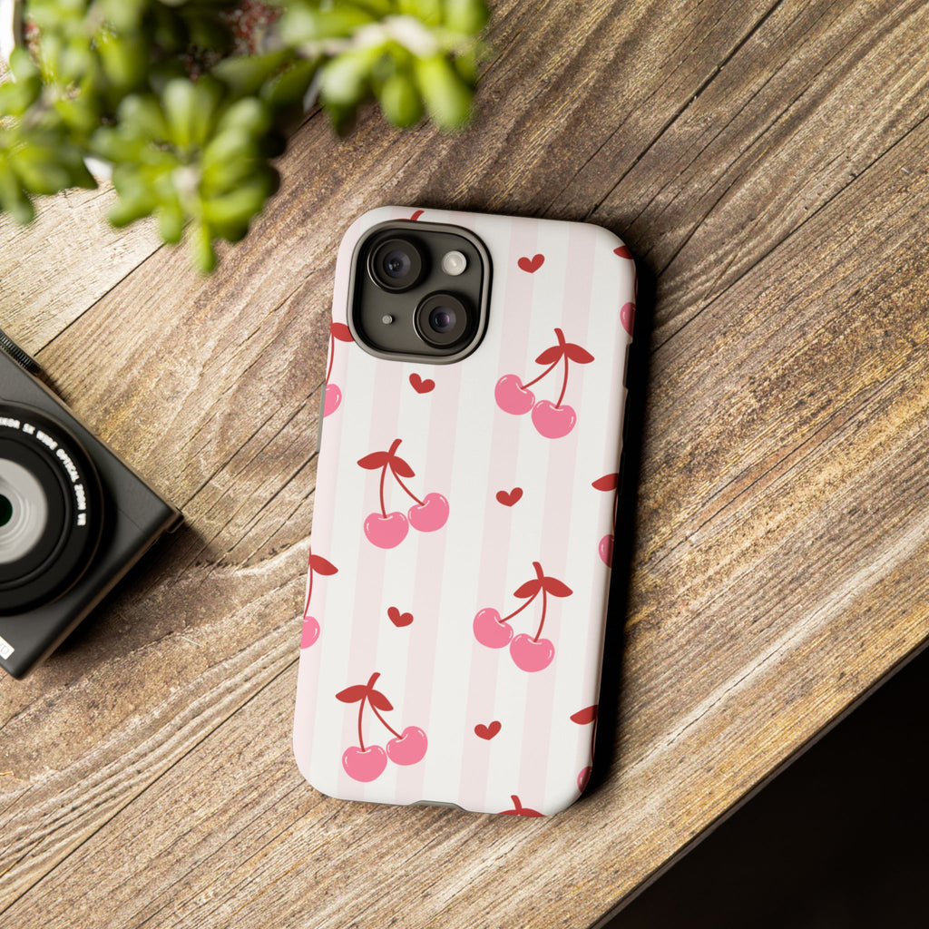 Pink Cherry Pattern Tough Phone Case — Cute Retro Fruit Design