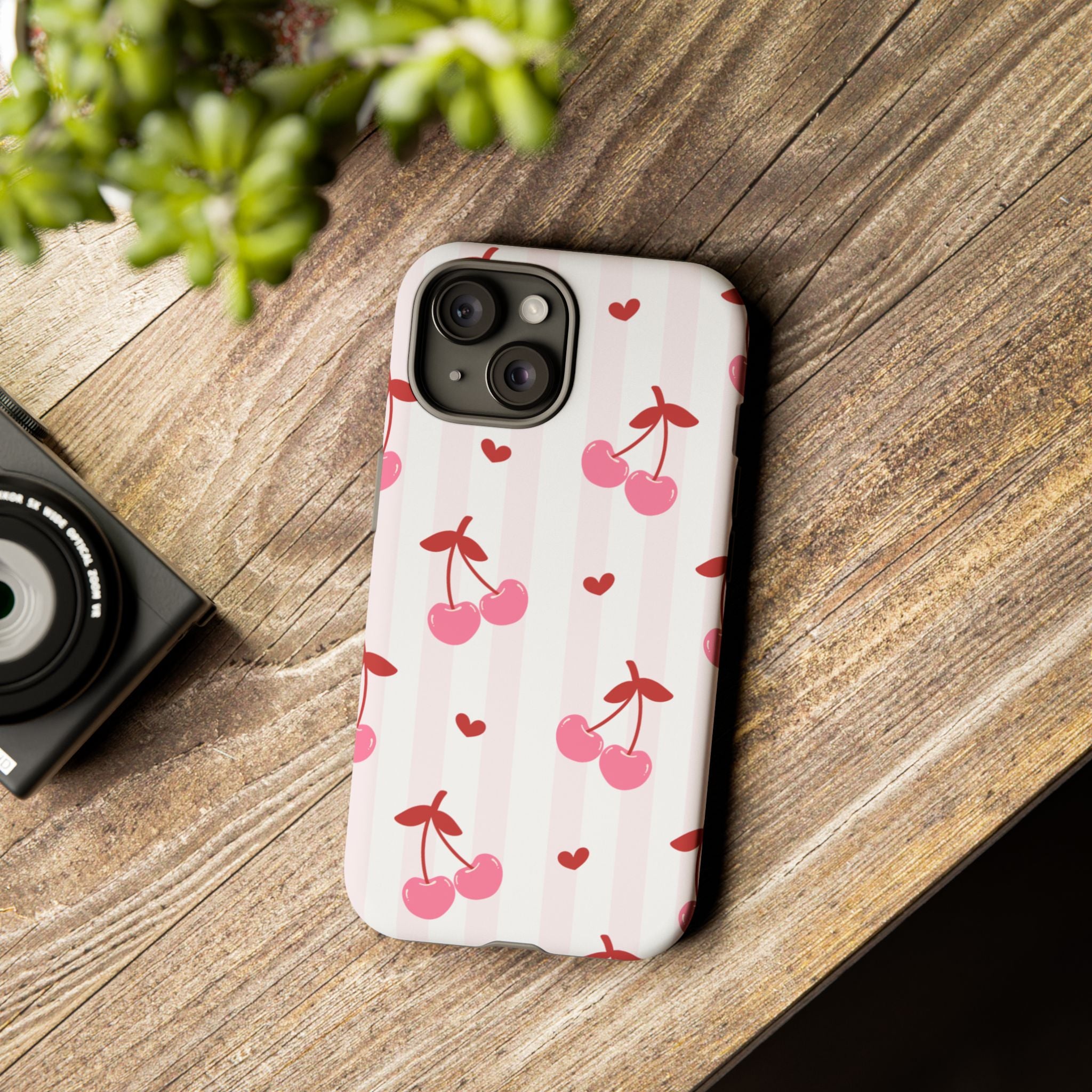 Pink Cherry Pattern Tough Phone Case — Cute Retro Fruit Design