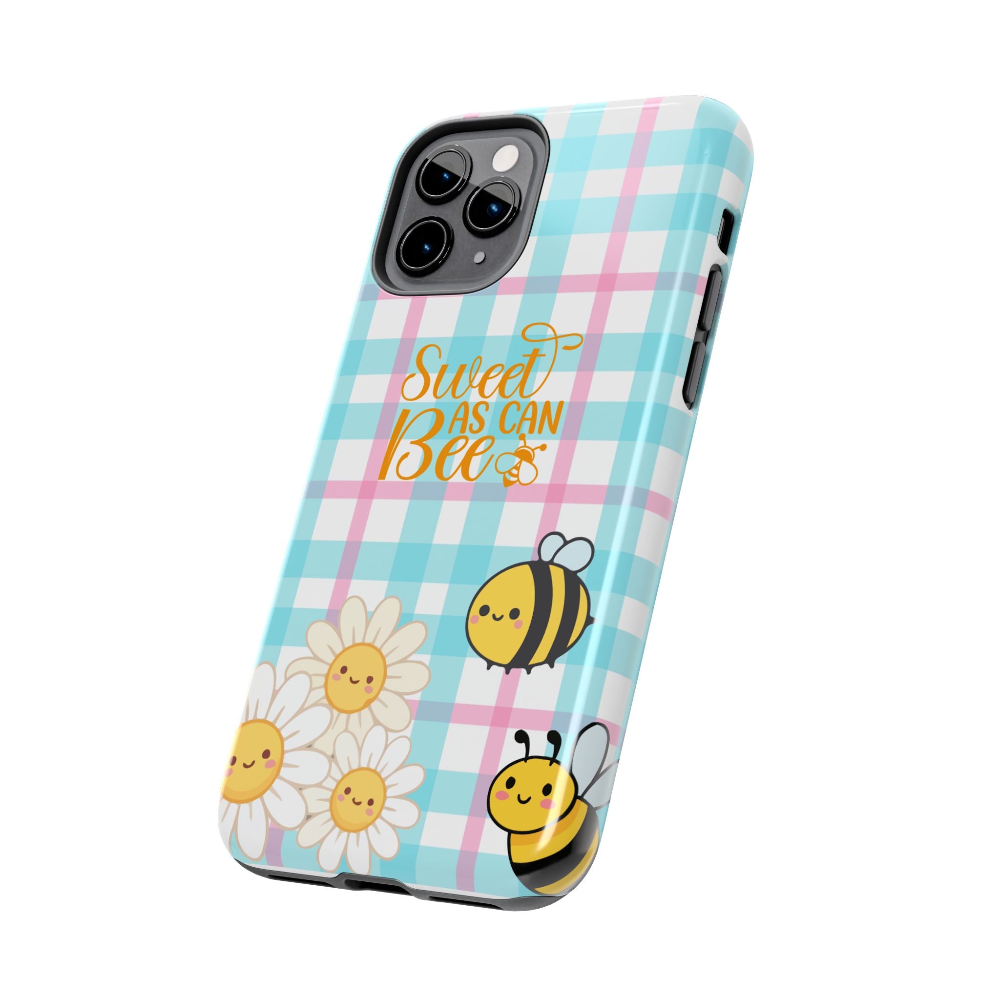 Sweet As Can Bee Tough Phone Case — Cute Bee & Daisy Plaid Protective Cover