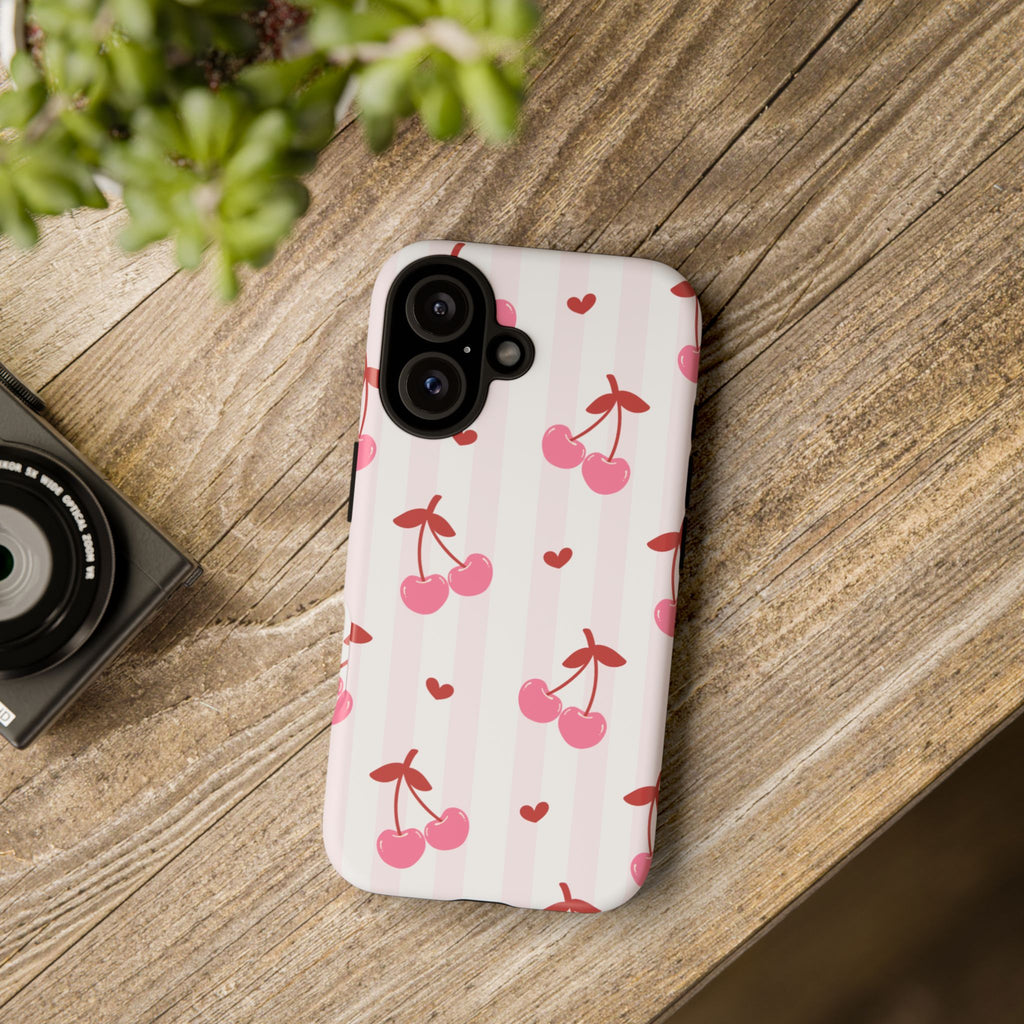 Pink Cherry Pattern Tough Phone Case — Cute Retro Fruit Design