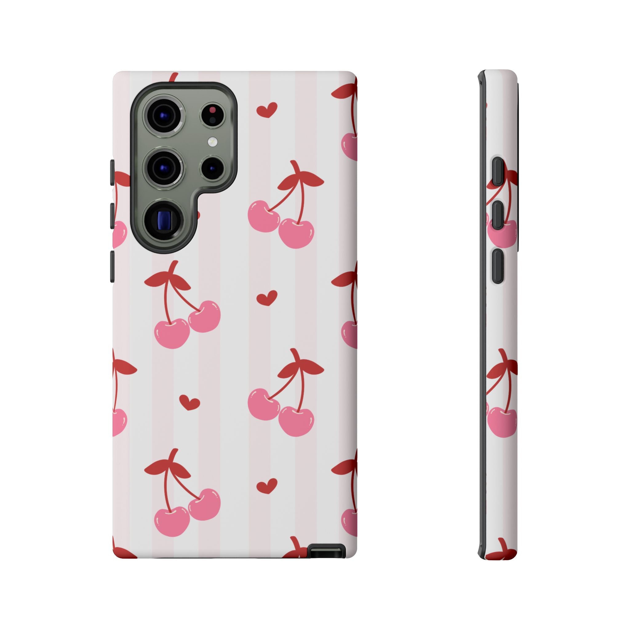 Pink Cherry Pattern Tough Phone Case — Cute Retro Fruit Design
