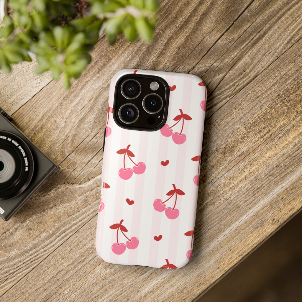 Pink Cherry Pattern Tough Phone Case — Cute Retro Fruit Design