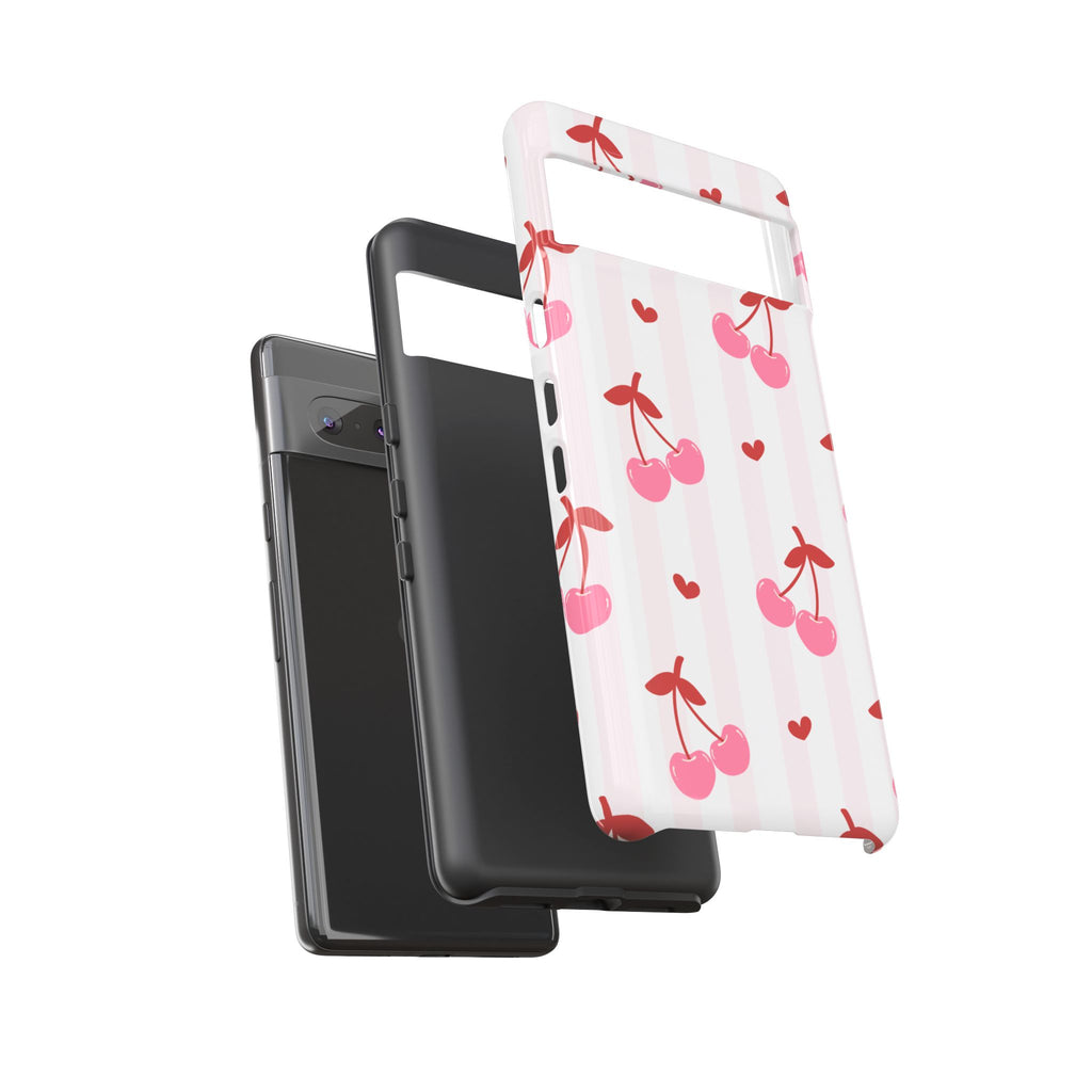 Pink Cherry Pattern Tough Phone Case — Cute Retro Fruit Design