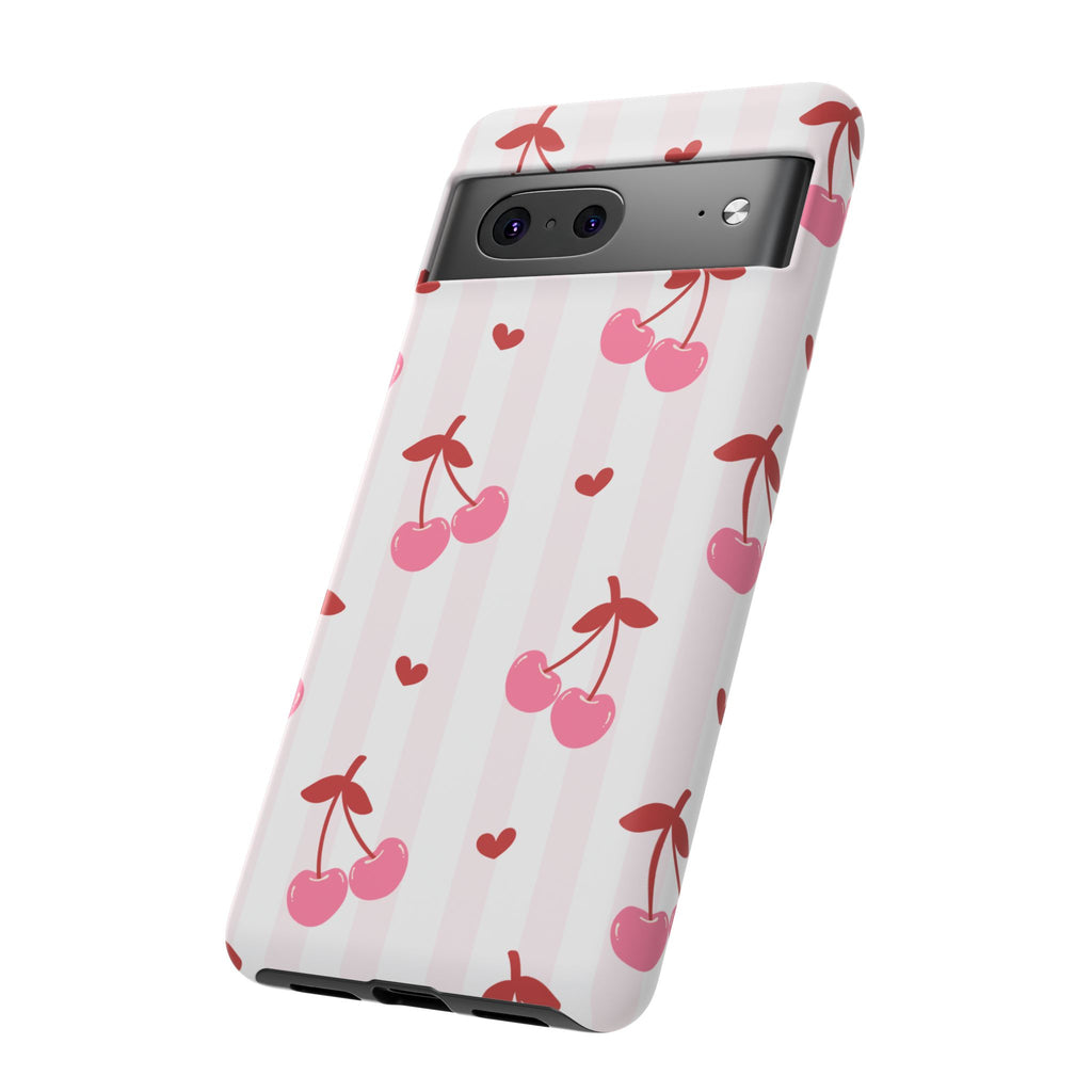 Pink Cherry Pattern Tough Phone Case — Cute Retro Fruit Design