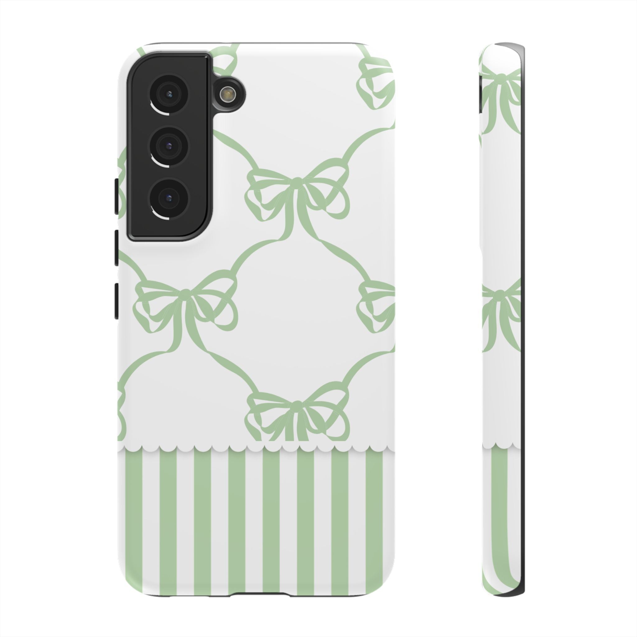 Bow Pattern Tough Phone Case — Pastel Green Stripes & Ribbon Design