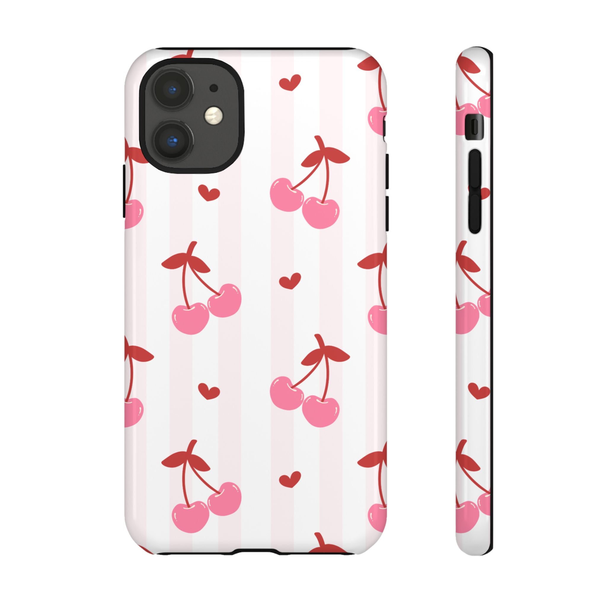 Pink Cherry Pattern Tough Phone Case — Cute Retro Fruit Design
