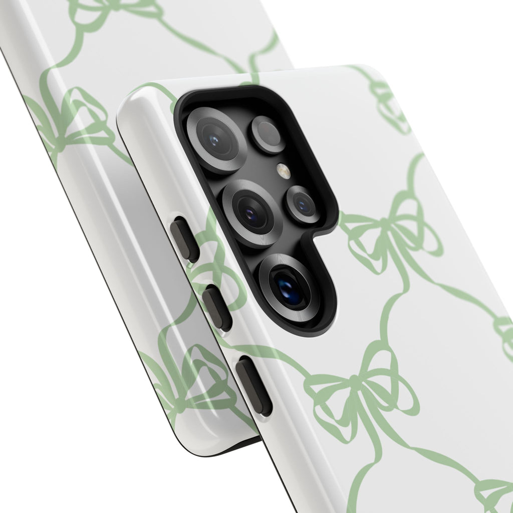 Bow Pattern Tough Phone Case — Pastel Green Stripes & Ribbon Design
