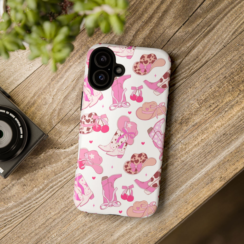 Pink Cowgirl Phone Case - Cute Western Boots & Hats Pattern Tough Case