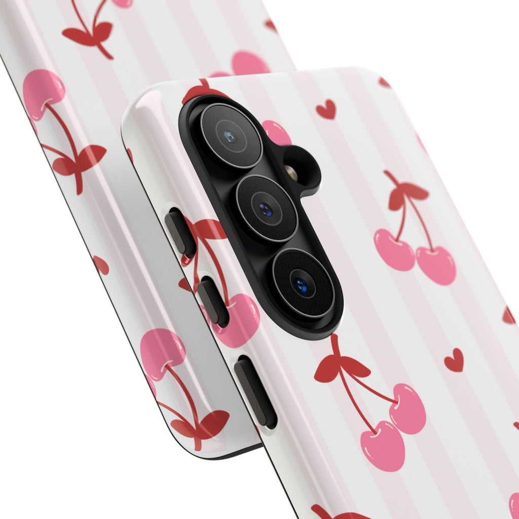 Pink Cherry Pattern Tough Phone Case — Cute Retro Fruit Design