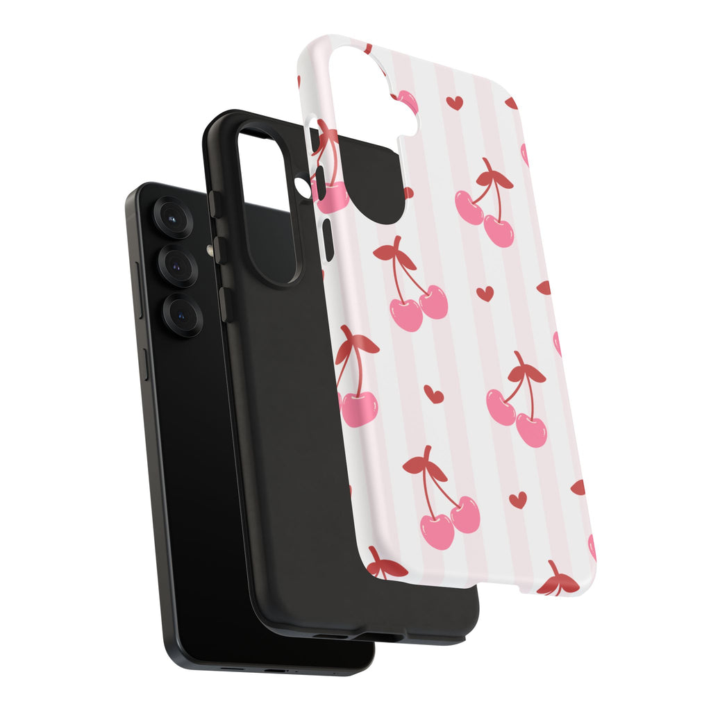 Pink Cherry Pattern Tough Phone Case — Cute Retro Fruit Design