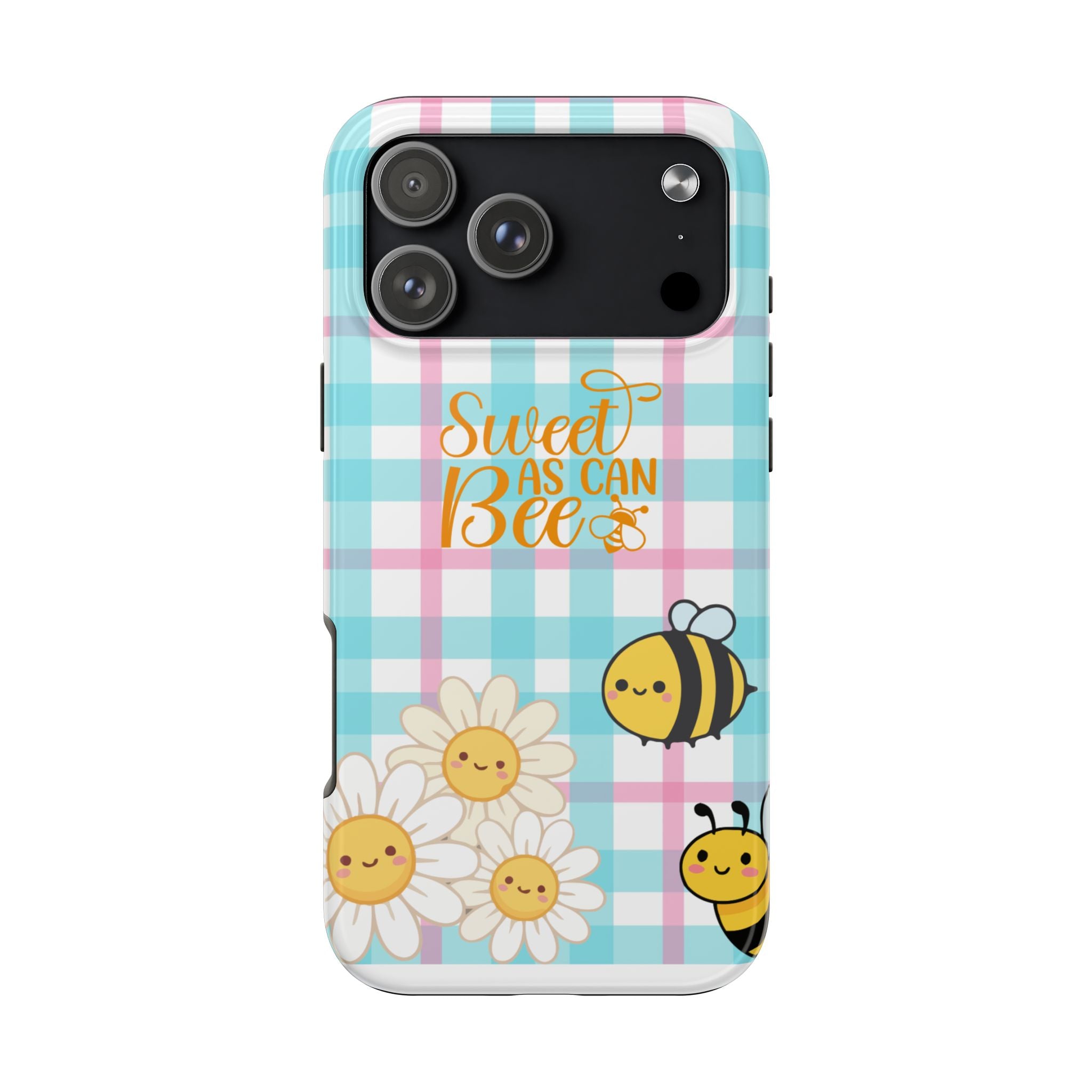 Sweet As Can Bee Tough Phone Case — Cute Bee & Daisy Plaid Protective Cover