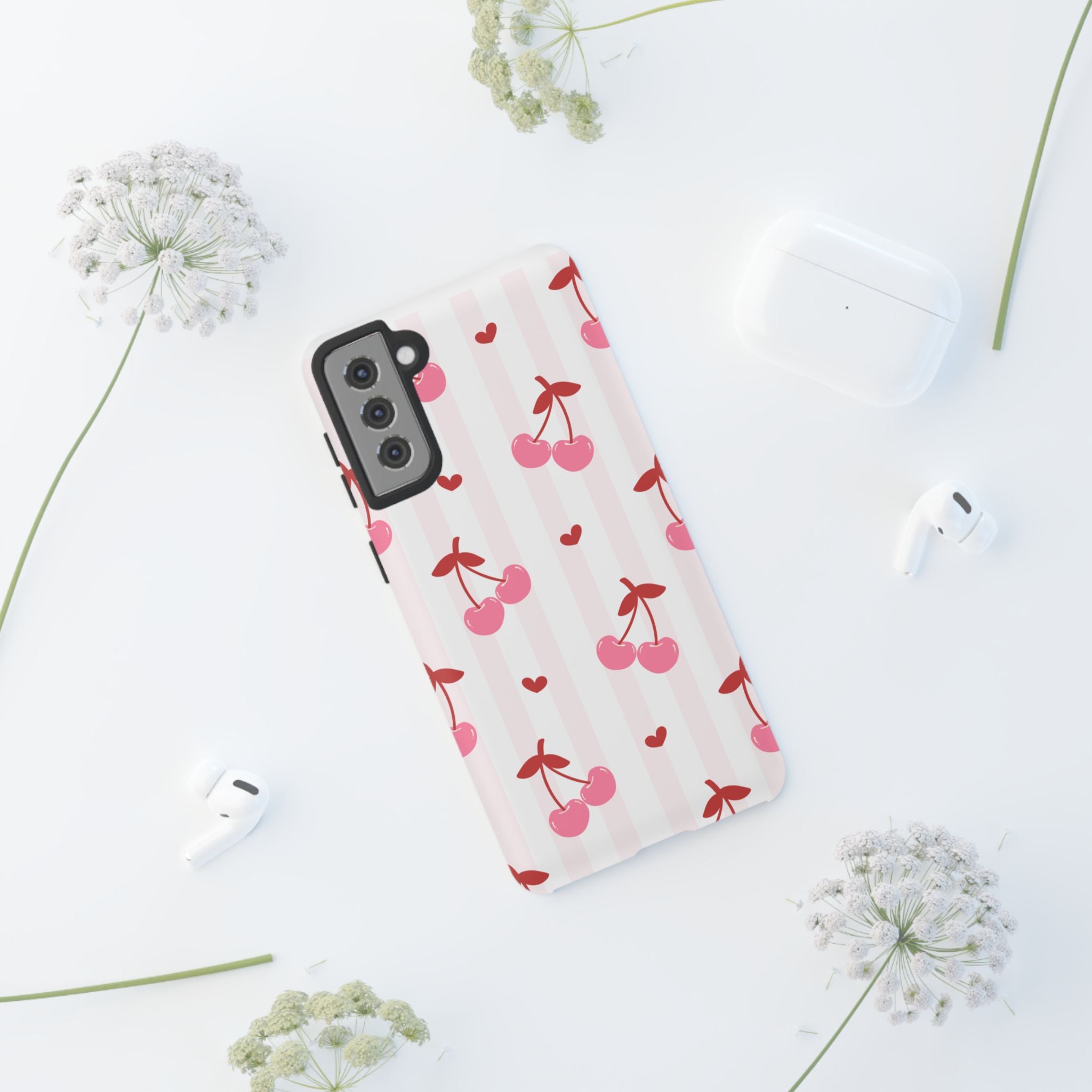 Pink Cherry Pattern Tough Phone Case — Cute Retro Fruit Design