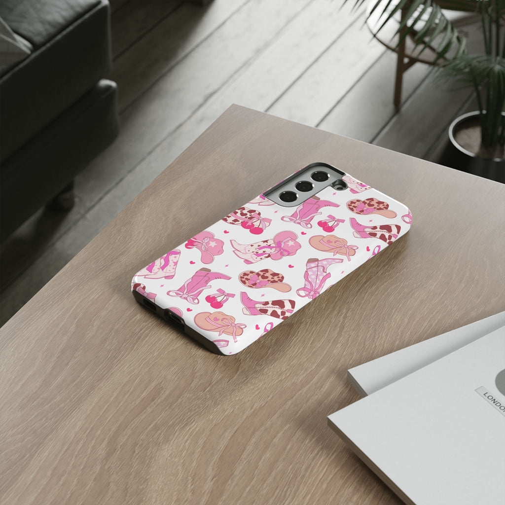 Pink Cowgirl Phone Case - Cute Western Boots & Hats Pattern Tough Case