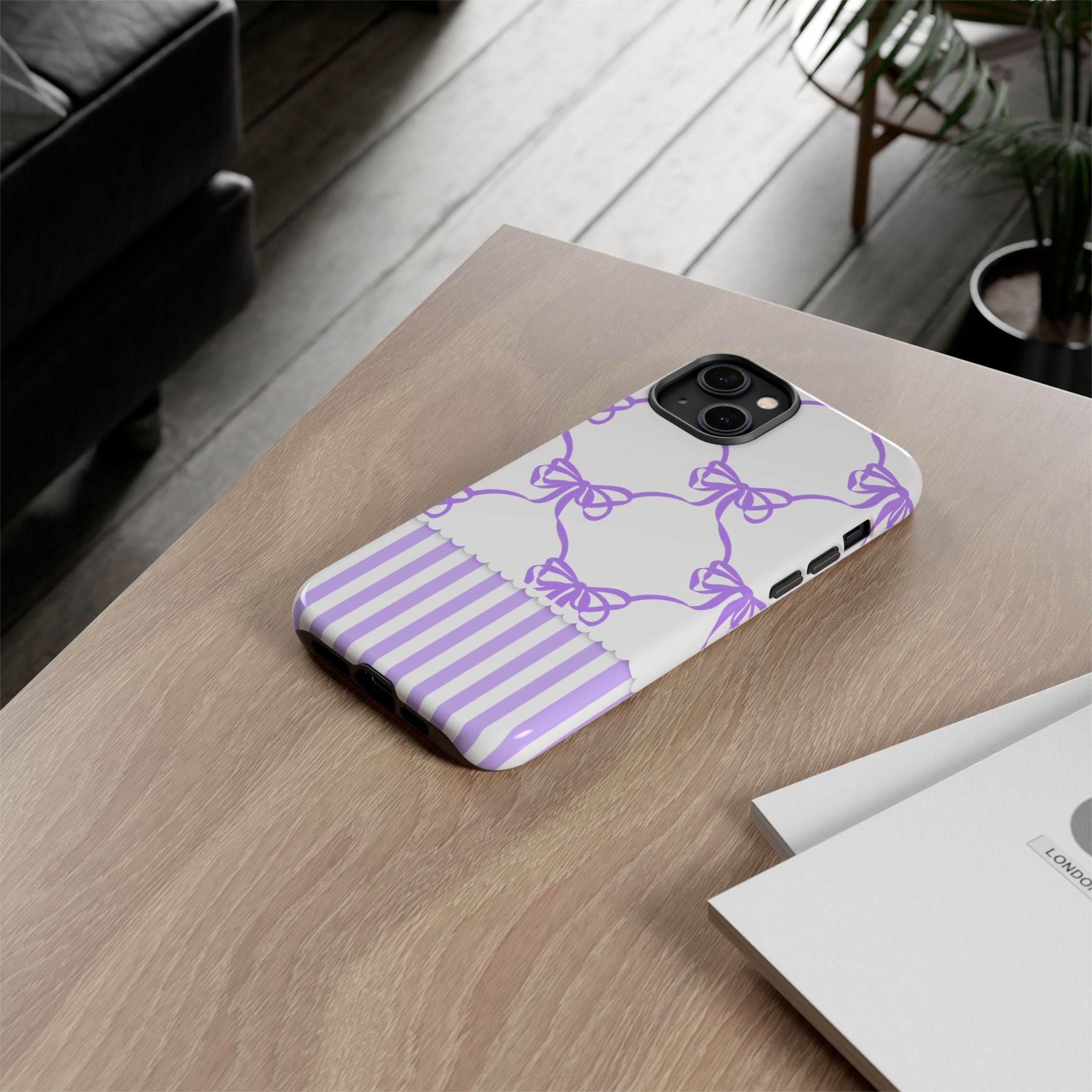 Lavender Bow Pattern Tough Phone Case - Striped Cute iPhone Cover