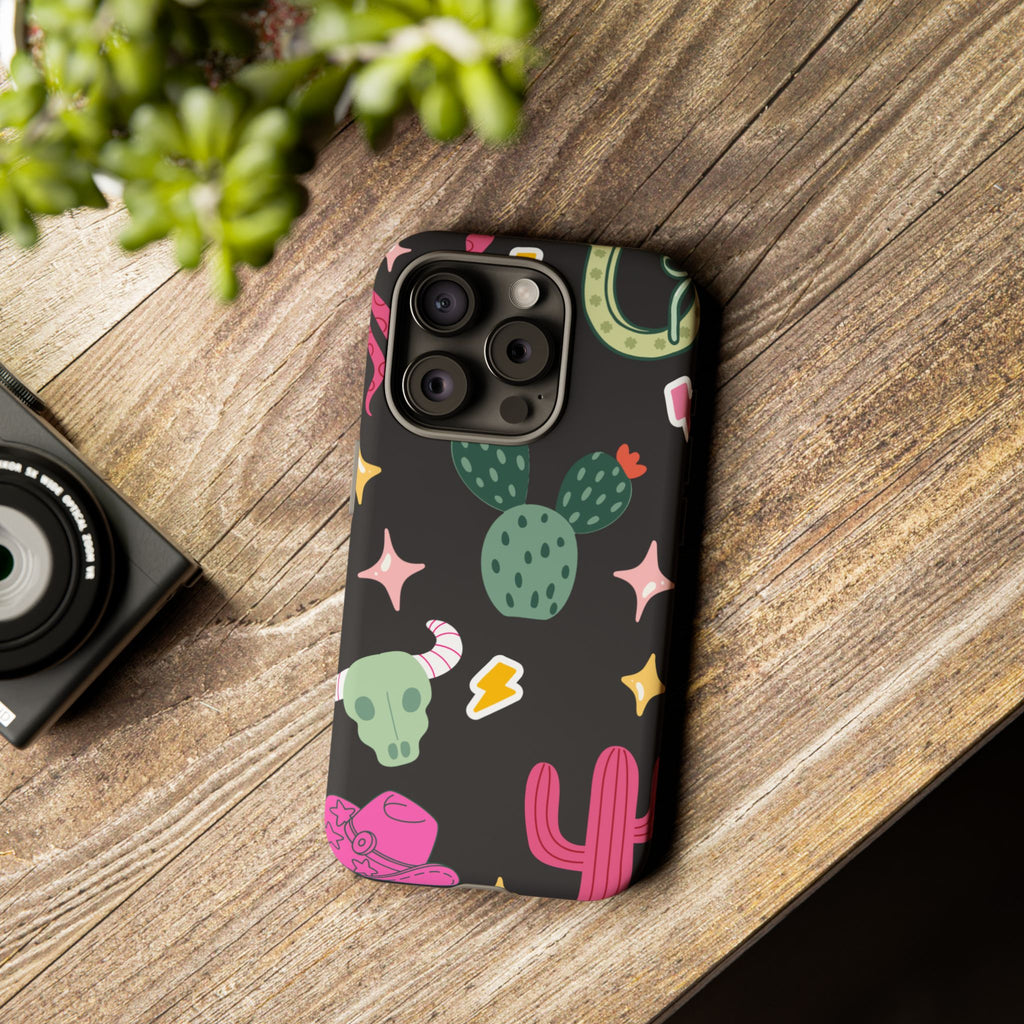 Southwest Desert Icons Tough Phone Case — Cactus, Cowboy & Skull Pattern