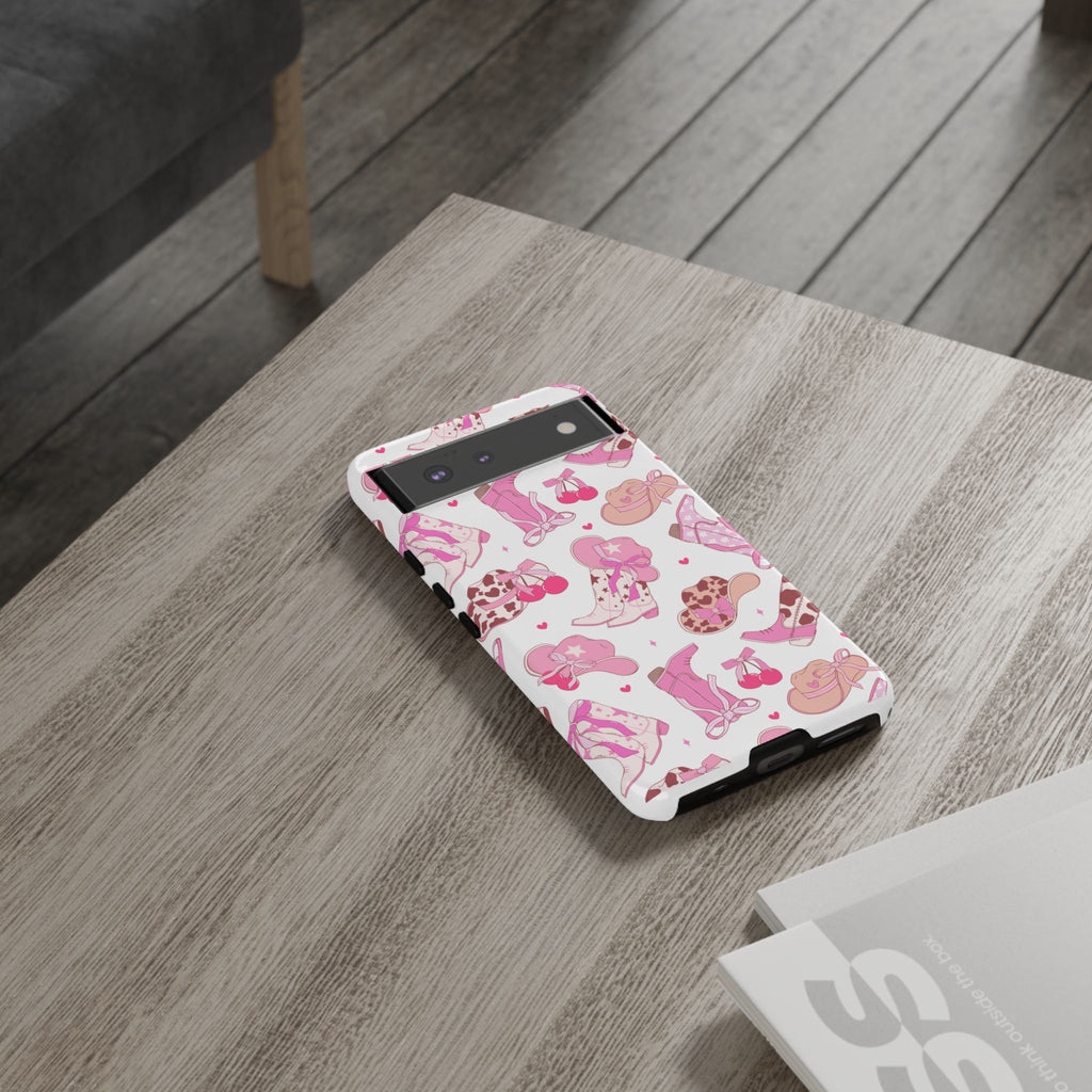 Pink Cowgirl Phone Case - Cute Western Boots & Hats Pattern Tough Case