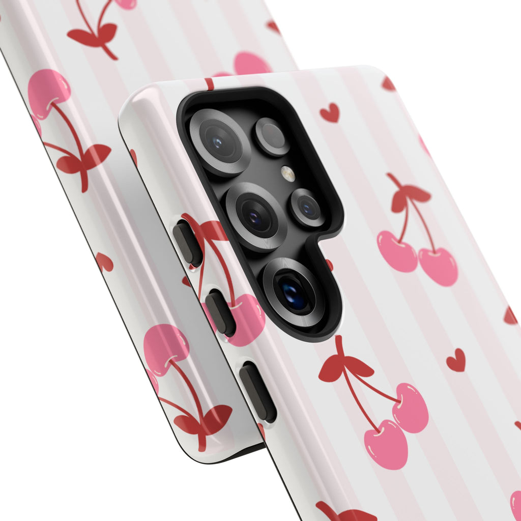 Pink Cherry Pattern Tough Phone Case — Cute Retro Fruit Design