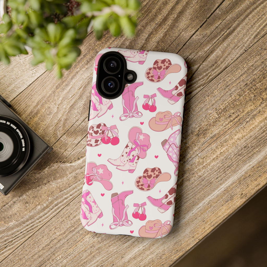 Pink Cowgirl Phone Case - Cute Western Boots & Hats Pattern Tough Case