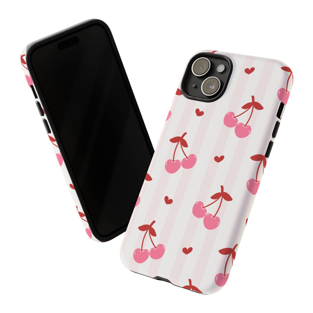 Pink Cherry Pattern Tough Phone Case — Cute Retro Fruit Design