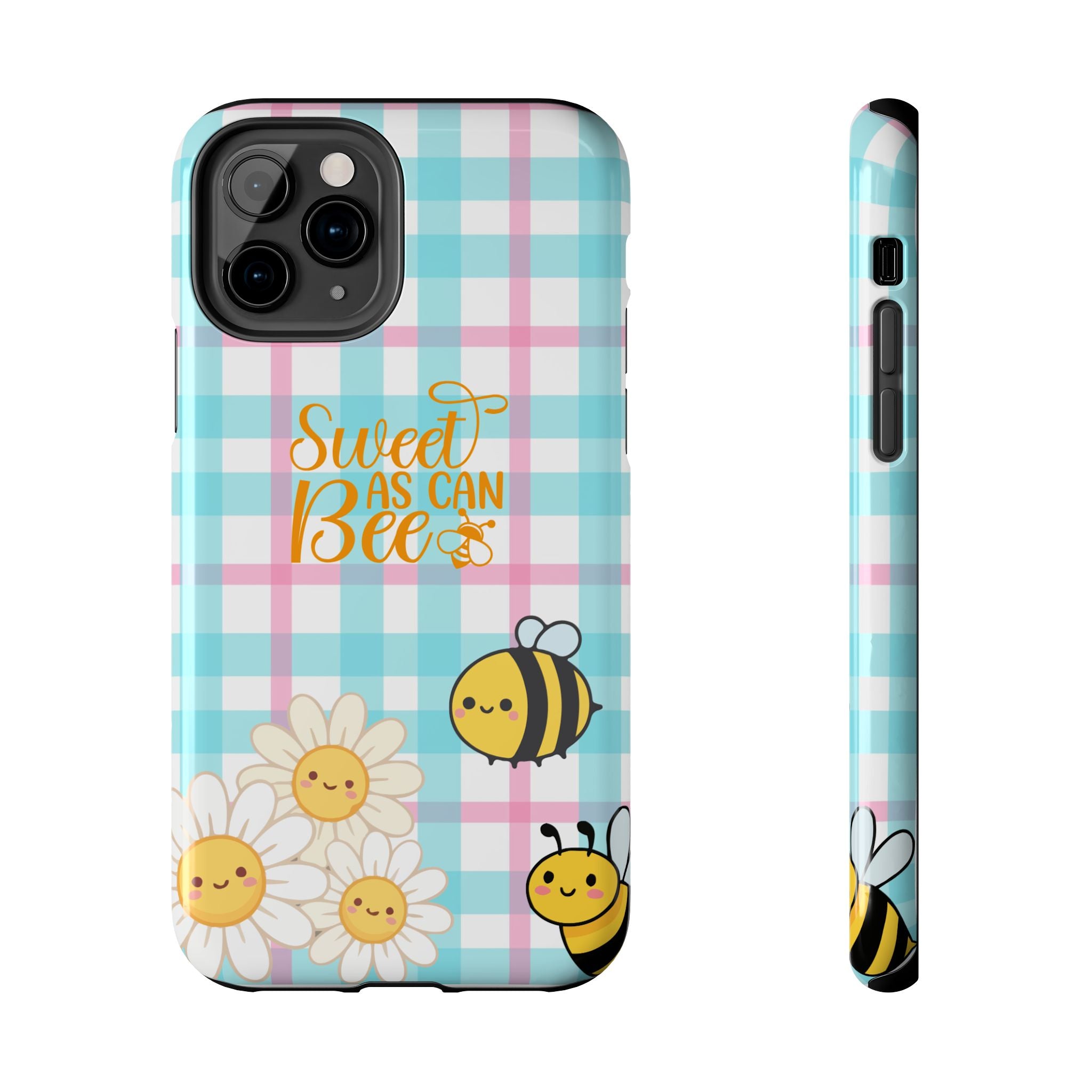 Sweet As Can Bee Tough Phone Case — Cute Bee & Daisy Plaid Protective Cover