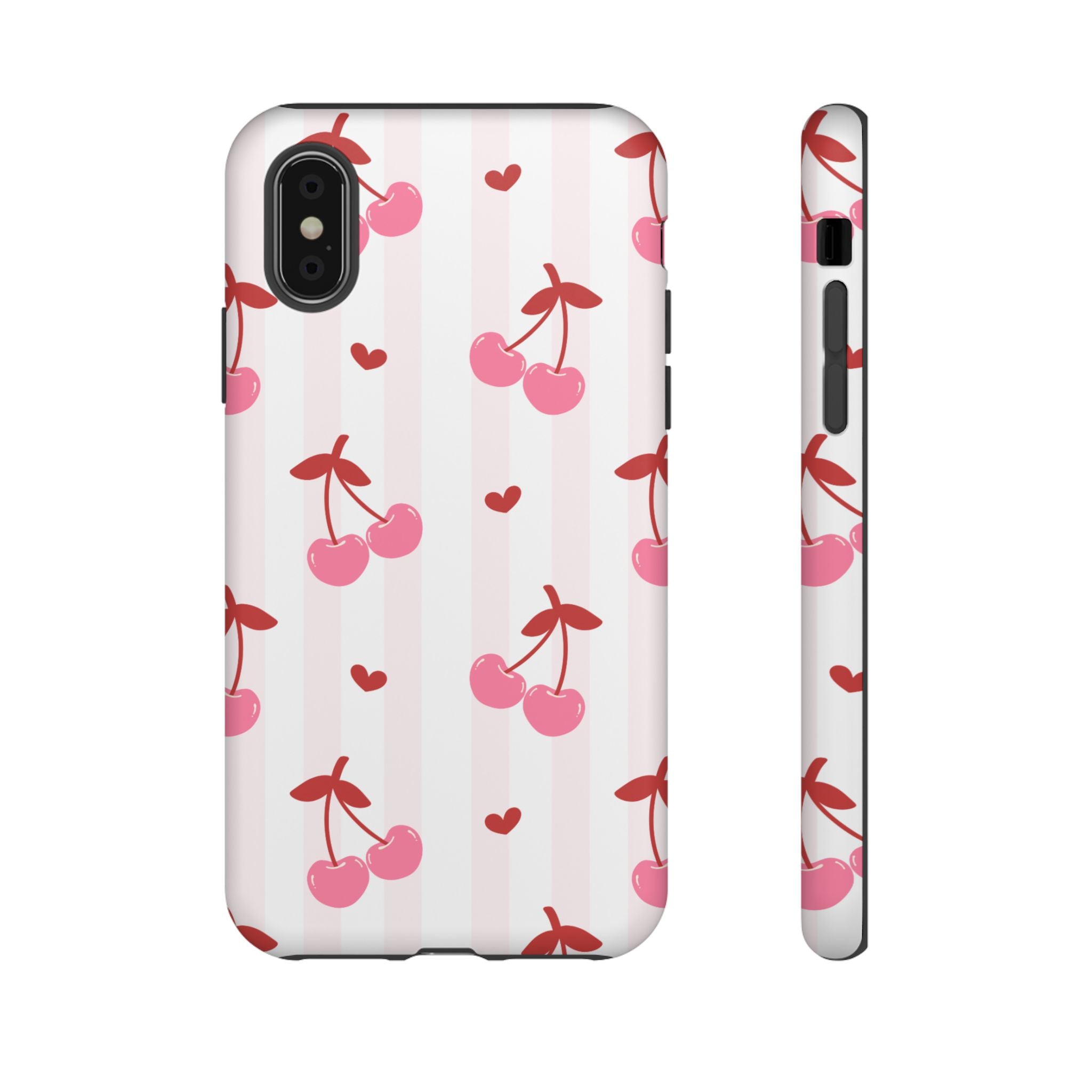 Pink Cherry Pattern Tough Phone Case — Cute Retro Fruit Design