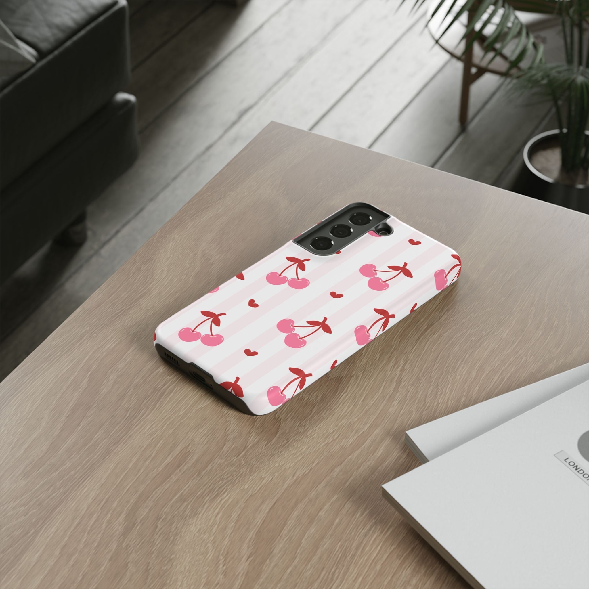 Pink Cherry Pattern Tough Phone Case — Cute Retro Fruit Design