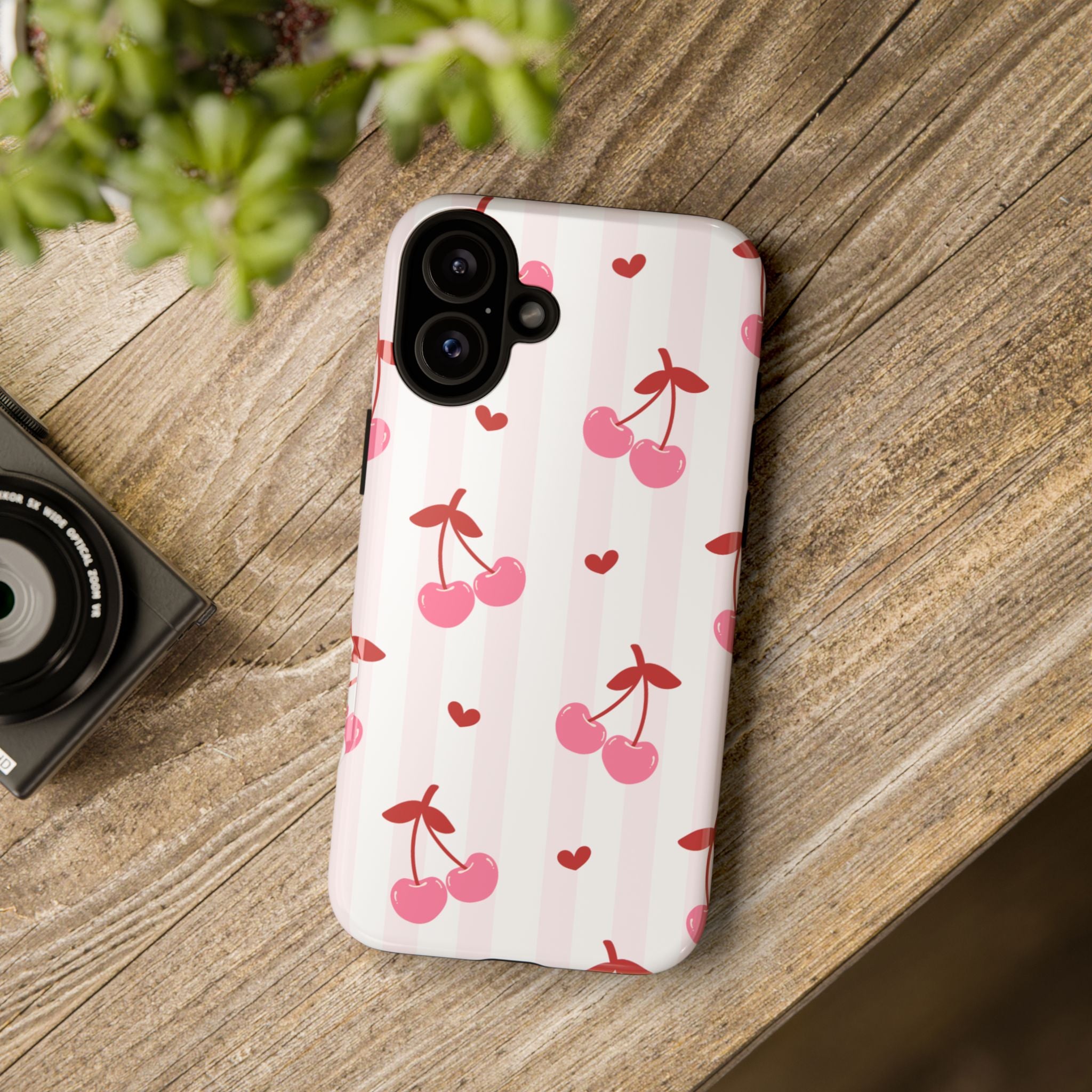 Pink Cherry Pattern Tough Phone Case — Cute Retro Fruit Design
