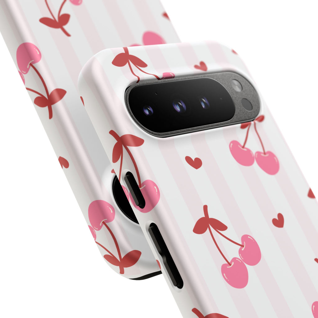 Pink Cherry Pattern Tough Phone Case — Cute Retro Fruit Design