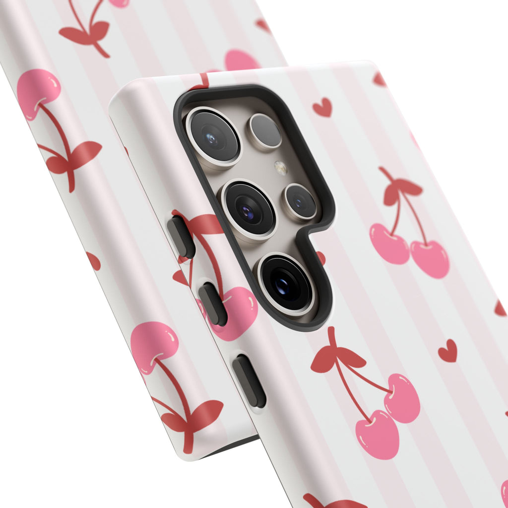 Pink Cherry Pattern Tough Phone Case — Cute Retro Fruit Design