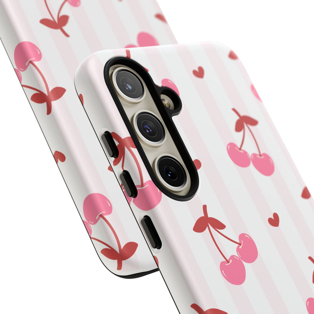 Pink Cherry Pattern Tough Phone Case — Cute Retro Fruit Design